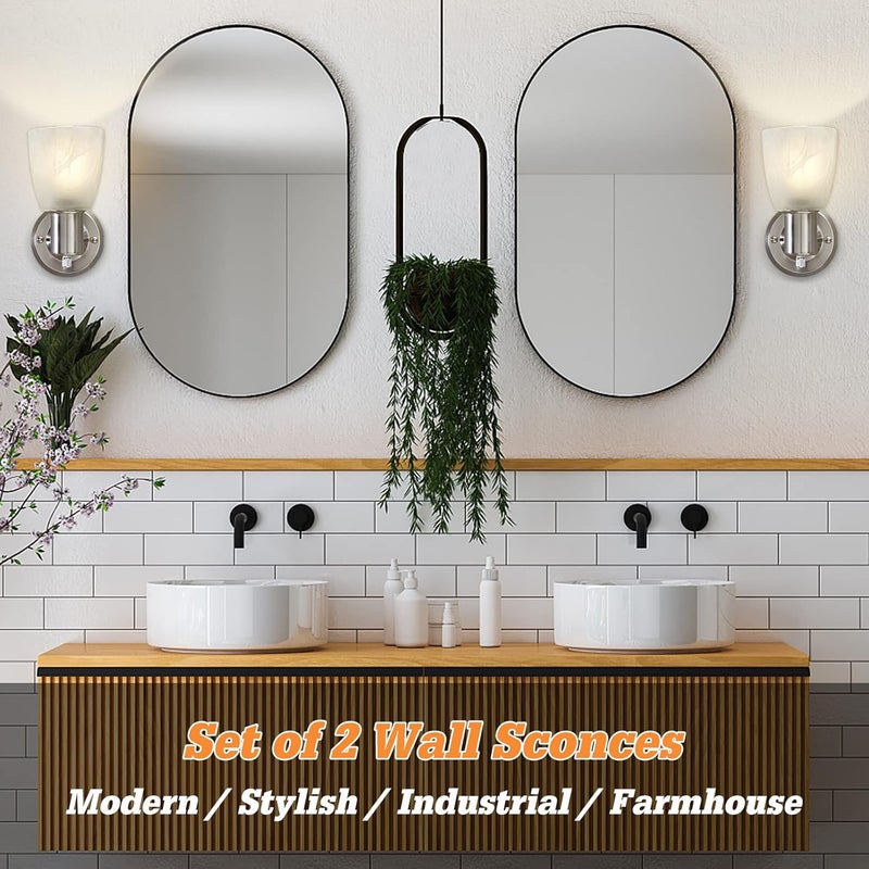 EJIAXIN Wall Sconces Set of 2, Brushed Nickel Vanity Lights for Bathroom, Modern Wall Light Fixtures with Rotary Switch, Wall Mount Light with Frosted Glass, Farmhouse Lamp for Bedroom Living Room - Image 4